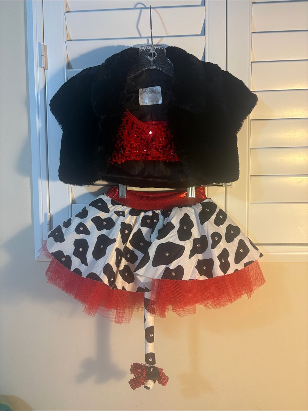 Kids Dalmatian-Inspired Costume Set with Black Faux Fur Jacket - Red & White